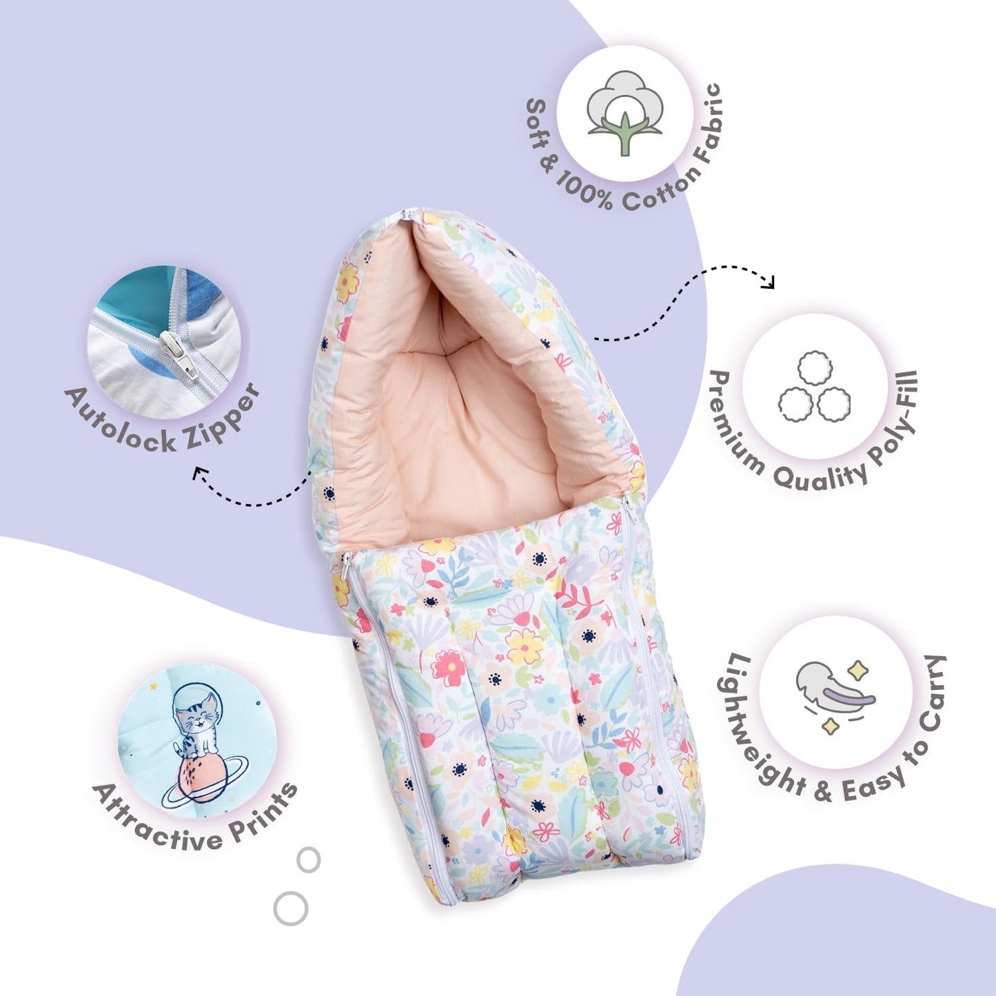 3 in 1 Baby Sleeping Bag & Carry Nest | Cotton Bedding Set for Infants & New Born Baby | Portable/Travel & Skin Friendly | 0-6 Months (Ditsy Bloom)