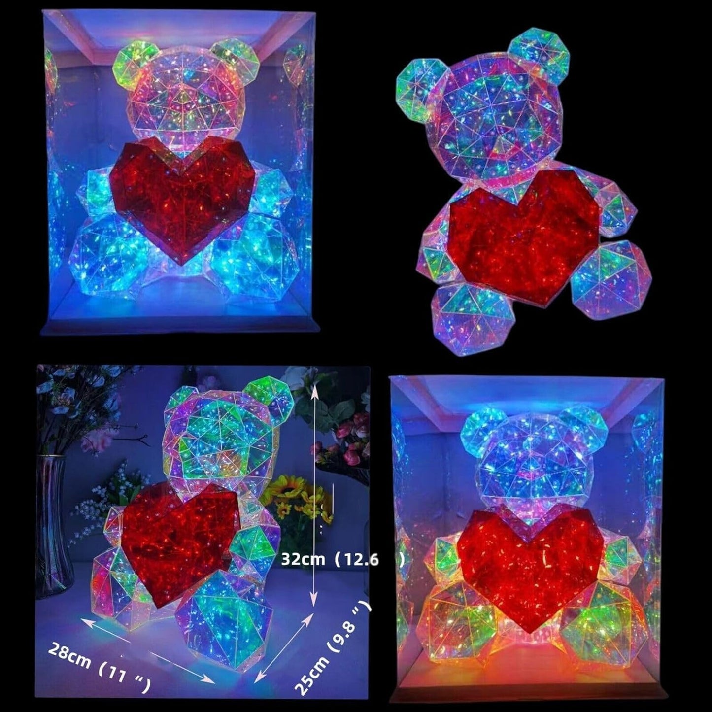 Led Teddy Bear With Heart Holographic Glow Lamp- Unique Magical Valentine Gift