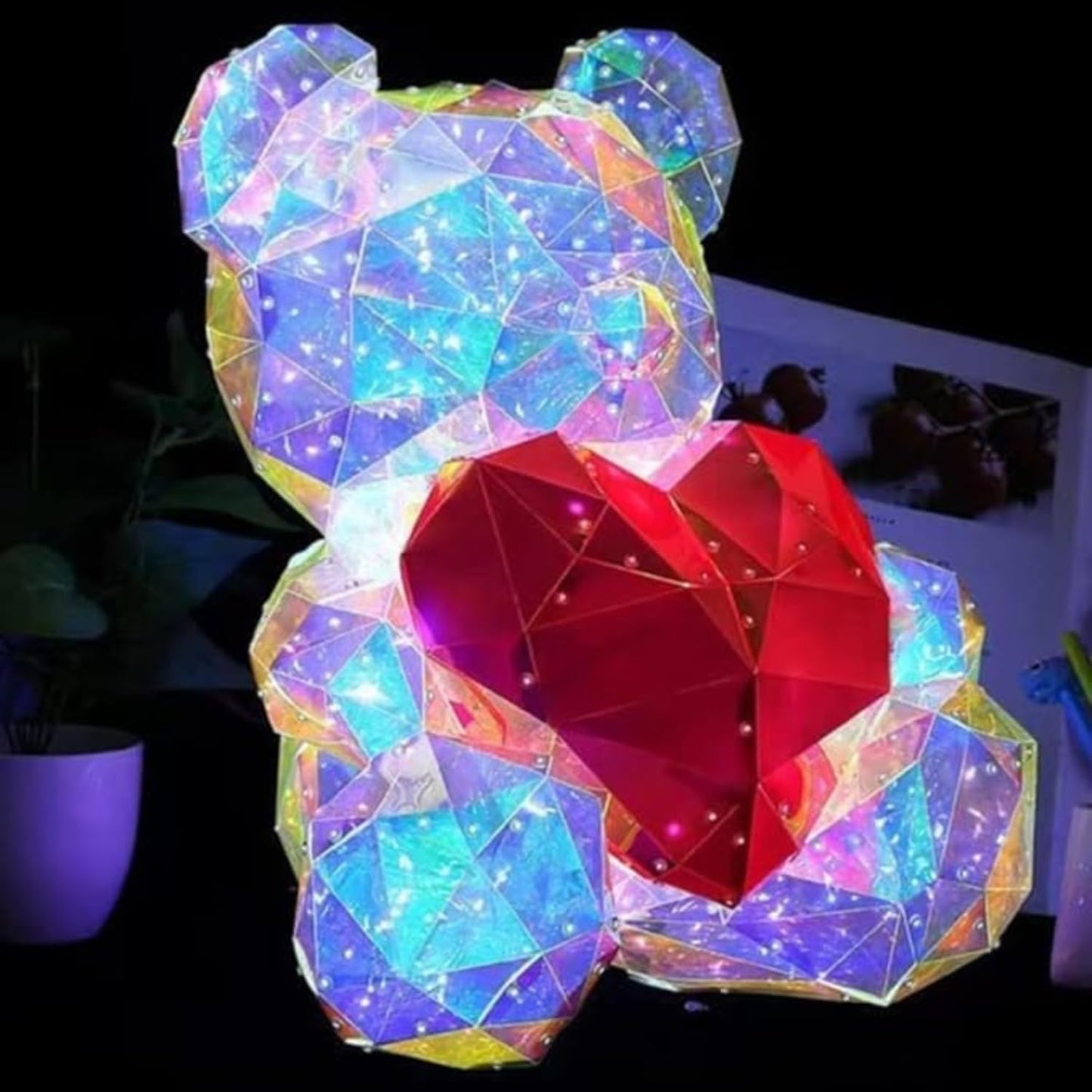 Led Teddy Bear With Heart Holographic Glow Lamp- Unique Magical Valentine Gift