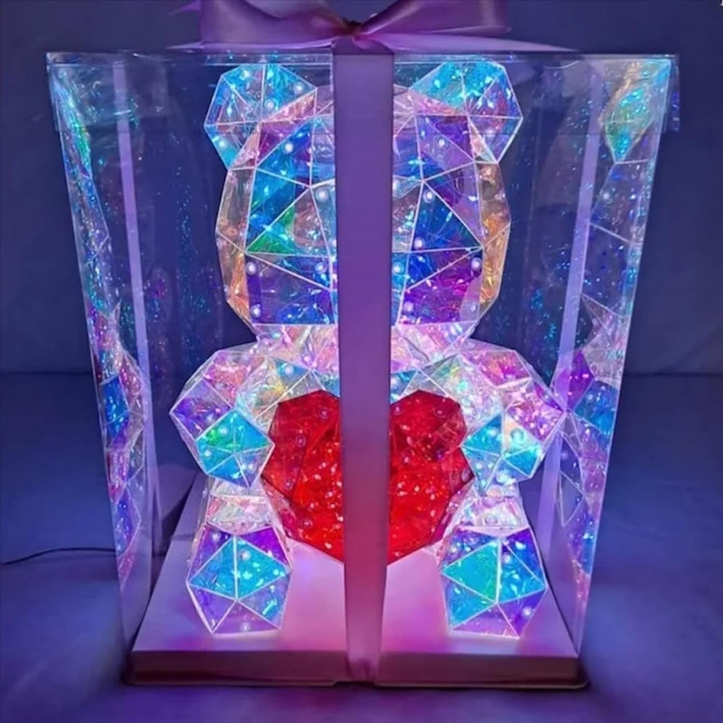 Led Teddy Bear With Heart Holographic Glow Lamp- Unique Magical Valentine Gift