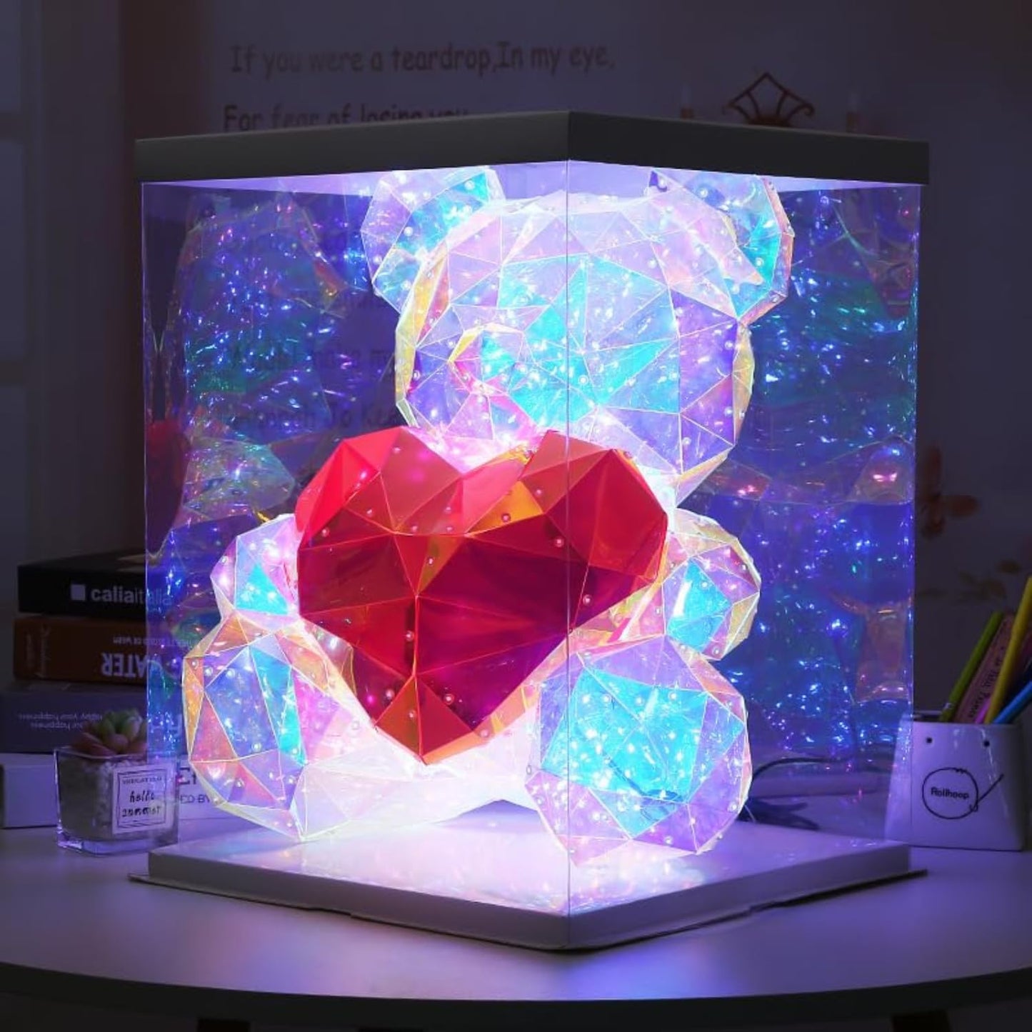 Led Teddy Bear With Heart Holographic Glow Lamp- Unique Magical Valentine Gift