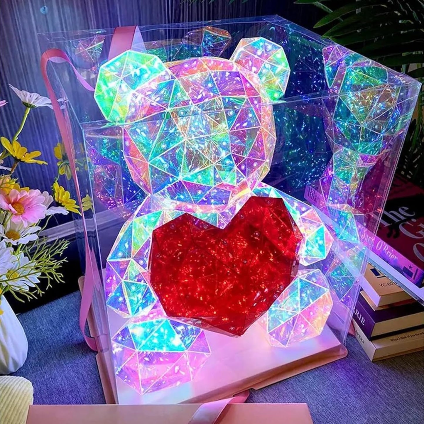 Led Teddy Bear With Heart Holographic Glow Lamp- Unique Magical Valentine Gift